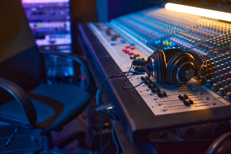 Foto close da mesa de mixagem de som com fones de ouvido para o produtor musical em estúdio