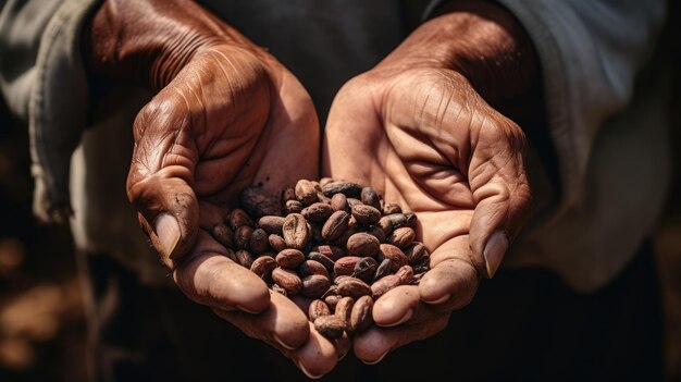 Close das mãos de um idoso segurando grãos de café coletados trabalhando na zona rural