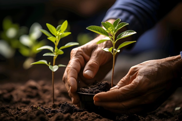 Close das mãos de um velho plantando uma árvore