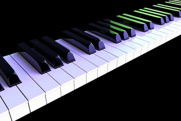 Close das teclas do piano em luzes coloridas em um fundo preto