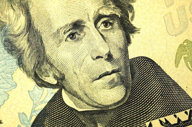 Close de Andrew Jackson em notas de vinte dólares