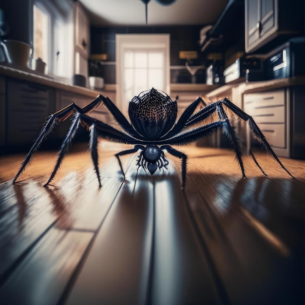 Close de aranha no chão da cozinha gerado por IA