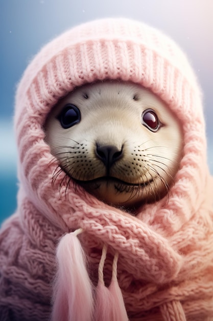 Foto close de bebé foca vestindo chapéu e lenço de tricô