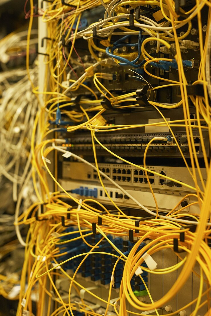 Foto close de cabos e fios conectando servidores em data center ou rede de internet, copie o espaço