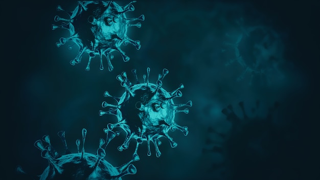 Close de células de coronavírus ou bactérias em fundo azul escuro com espaço de cópia Microbiologia