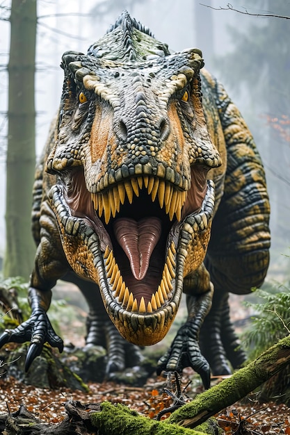 Close de dinossauro com dentes amarelos e olhos vermelhos