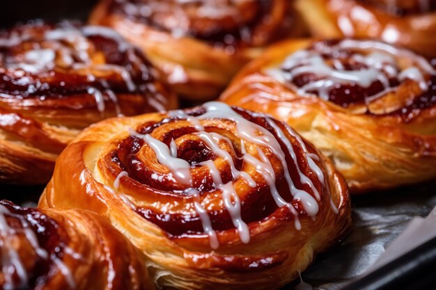 Close de doces dinamarqueses recém-assados com brilho