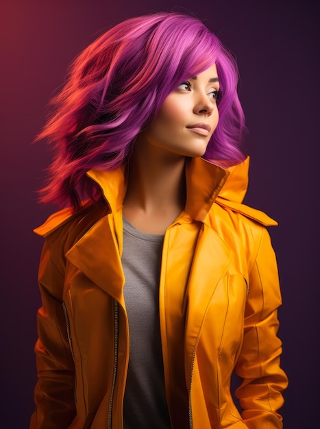 Close de estúdio de uma jovem com cabelos ondulados coloridos e uma jaqueta amarela posando para a câmera