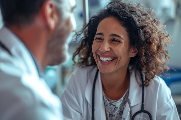 Foto close de felicidade hospitalar de paciente sorridente com médico