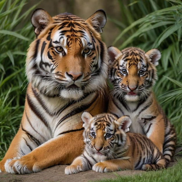 Foto close de filhotes de tigre com a mãe panthera tigris altaicatiger no zoológico