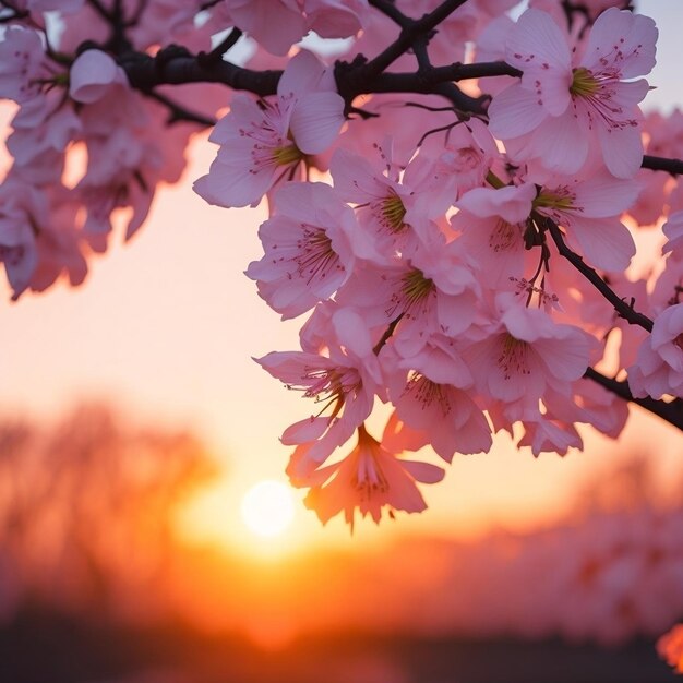 Close de flores de cerejeira contra um fundo de pôr-do-sol