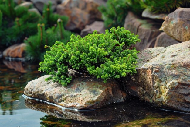 Foto close de juniperus procumbens nana pela margem da lagoa