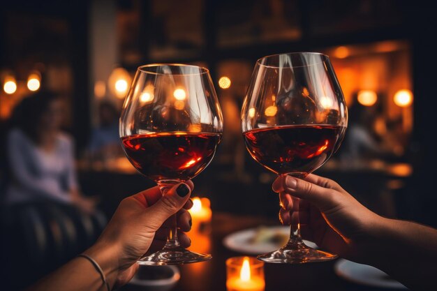 Close de mãos brindando vinho na festa IA generativa
