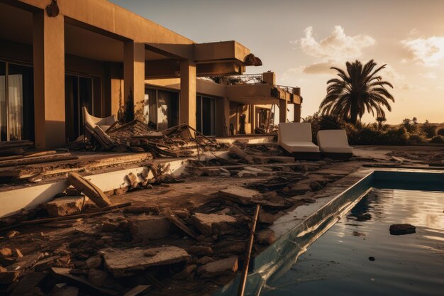 Close de opulência deserta de villa de luxo inacabada, piscina negligenciada e outdoor