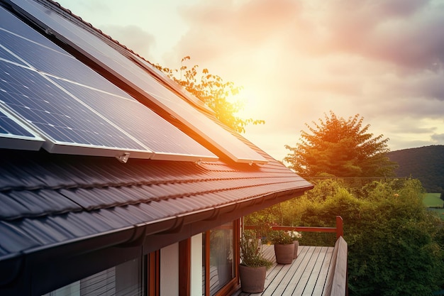 Close de painéis solares no telhado de uma casa IA generativa