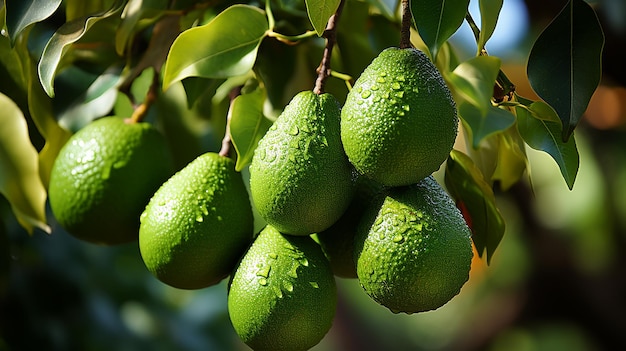 Close de um abacateiro com folhas verdes exuberantes