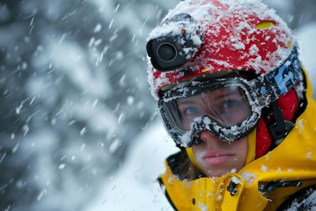 Foto close de um alpinista focado com capacete coberto de neve e óculos durante uma tempestade de neve