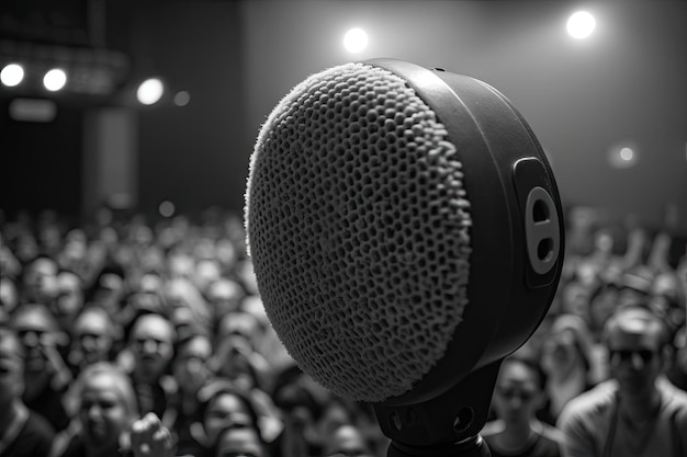 Close de um alto-falante no palco com sua voz amplificada e enchendo a sala