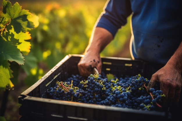 Close de um cacho de uvas vermelhas maduras no campo ao pôr do sol Generative AI