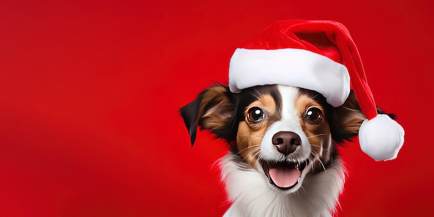 Close de um cachorro expressivo usando um chapéu de Papai Noel em um fundo vermelho com espaço de cópia