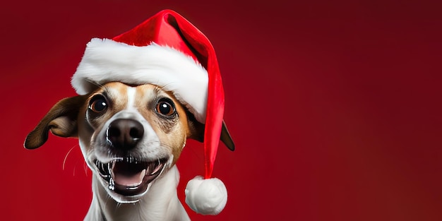 Close de um cachorro expressivo usando um chapéu de Papai Noel em um fundo vermelho com espaço de cópia