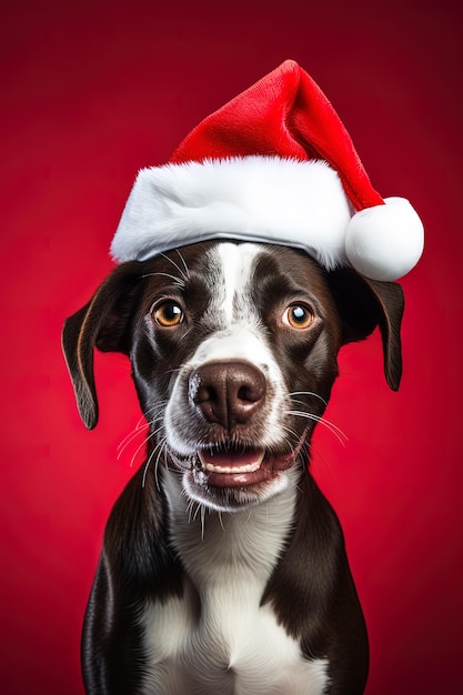 Close de um cachorro expressivo usando um chapéu de Papai Noel em um fundo vermelho