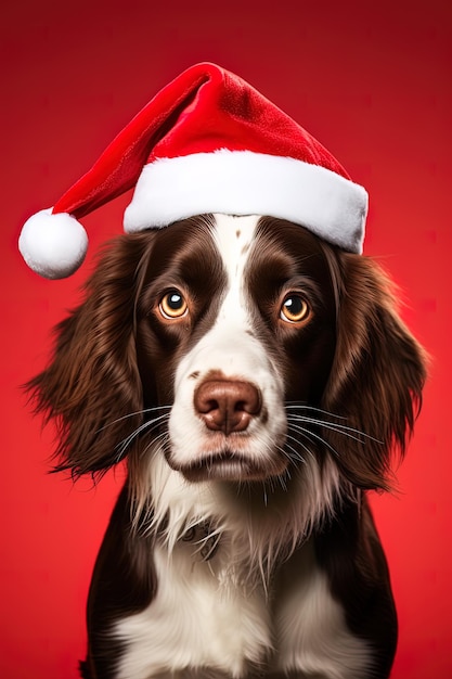 Close de um cachorro expressivo usando um chapéu de Papai Noel em um fundo vermelho