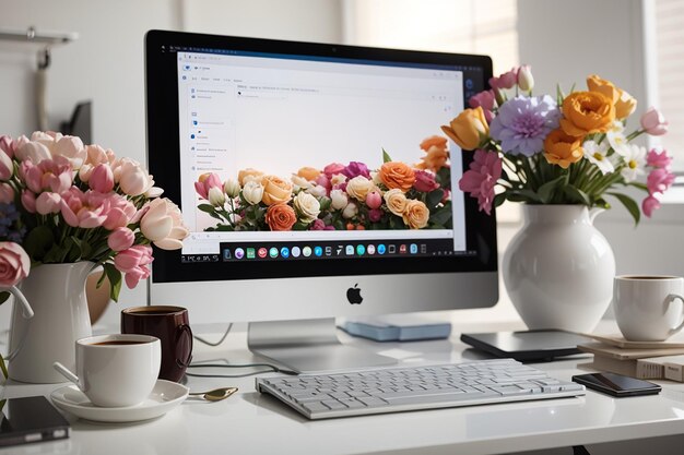 Close de um computador, uma xícara de café, um vaso de flores e muito mais em uma mesa branca dentro de casa