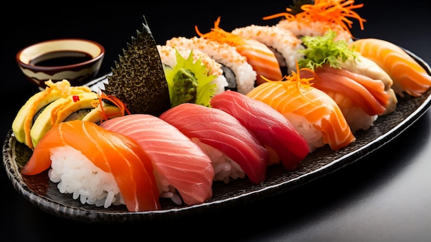 Close de um delicioso prato de sushi com arroz de peixe e algas marinhas