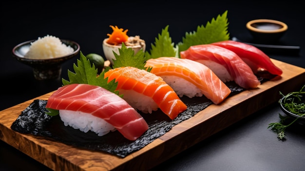 Close de um delicioso prato de sushi com ovas de salmão e arroz