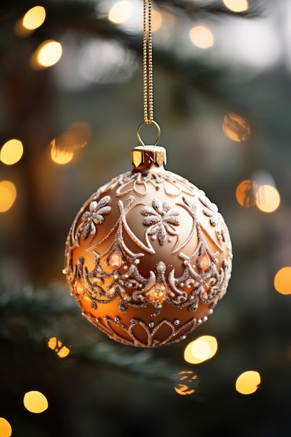 close de um enfeite de árvore de Natal com um fundo desfocado de luzes bokeh e grande espaço de cópia