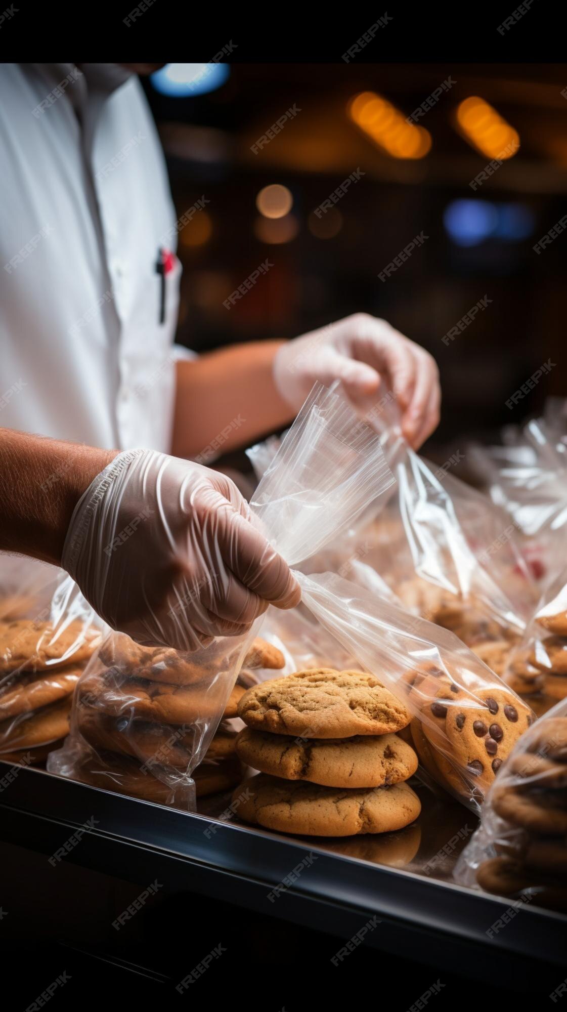 Close de um homem colocando cuidadosamente biscoitos em uma sacola plástica  de supermercado vertical mobile wallpaper
