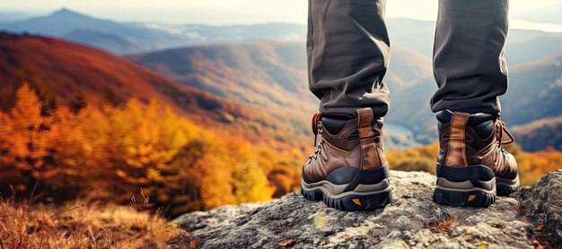 Close de um homem usando sapatos de trekking em pé no penhasco com belas montanhas de outono panorama Generative AI