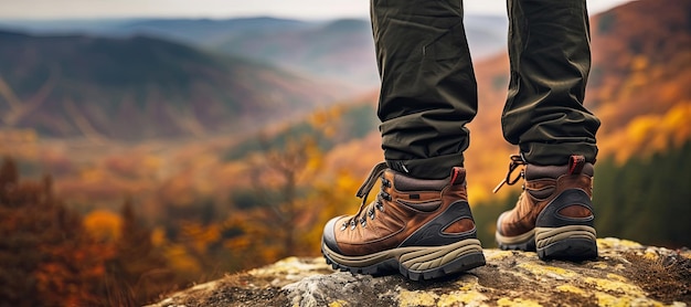 Close de um homem usando sapatos de trekking em pé no penhasco com belas montanhas de outono panorama Generative AI