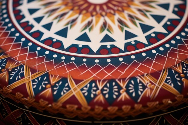 Foto close de um intrincado padrão geométrico em um tambor indiano