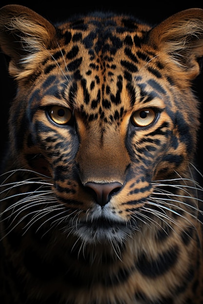 close de um leopardo em foto de retrato de fundo preto