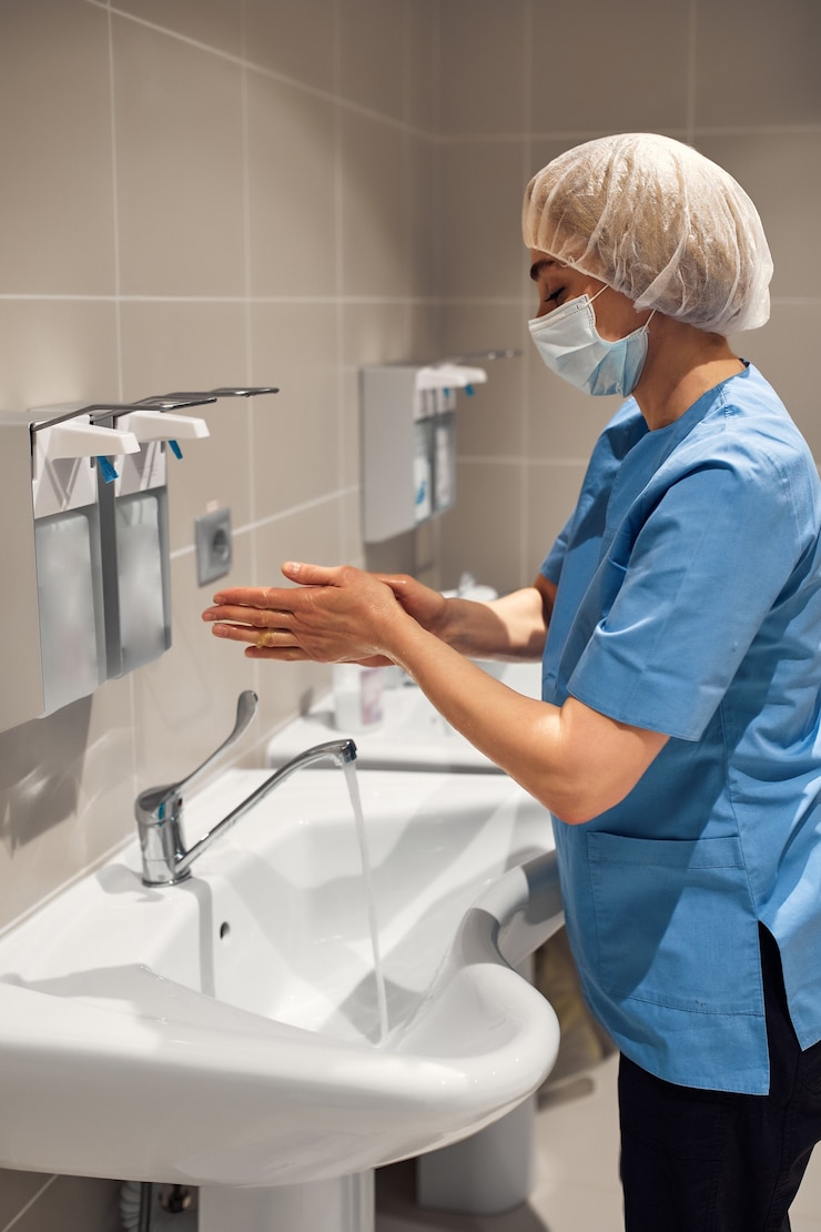 Foto close de um médico lavando as mãos usando um dispensador de desinfetante.