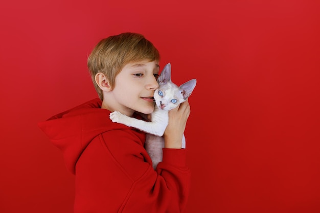 Close de um menino que segura um pequeno gato branco inclinado contra ele e gentilmente abraça o gato