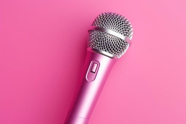 Close de um microfone em fundo rosa representando expressão criativa e treinamento vocal