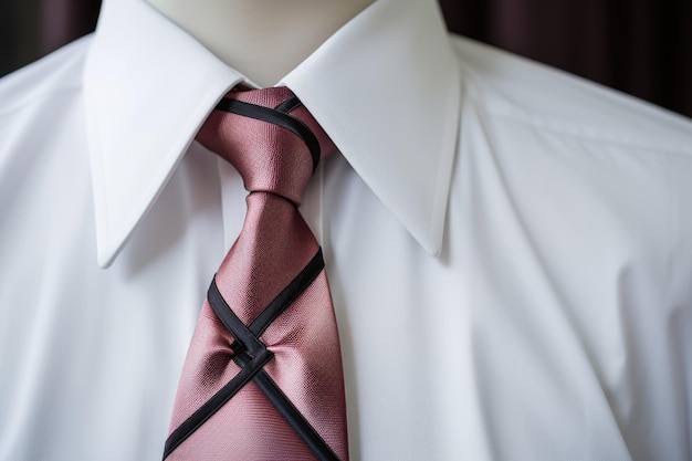 Close de um nó de gravata no colarinho de uma camisa branca