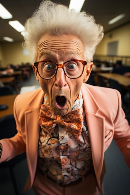 Foto close de um professor idoso e louco, engraçado, com um penteado engraçado na sala de aula