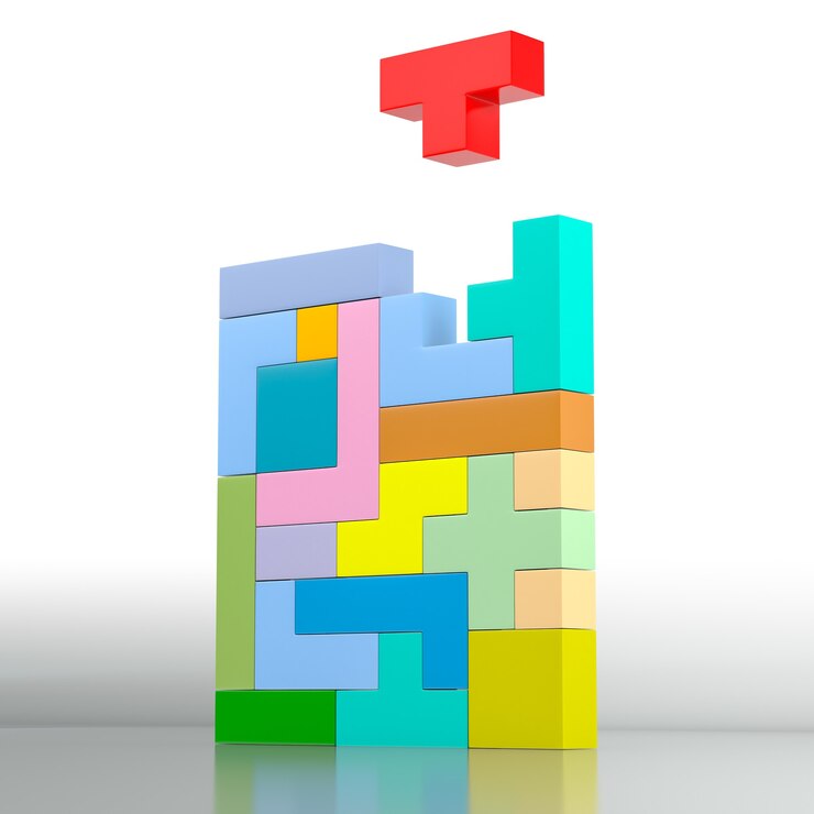 Foto close de um quebra-cabeça colorido feito com blocos de cores e formas diferentes. renderização 3d