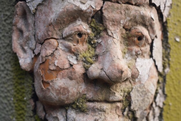 Foto close de um rosto resistido de gnomos de jardim com rachaduras criadas com ia generativa