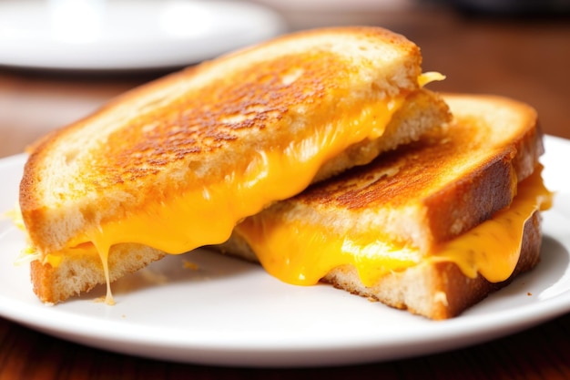 Close de um sanduíche de queijo grelhado em um prato branco