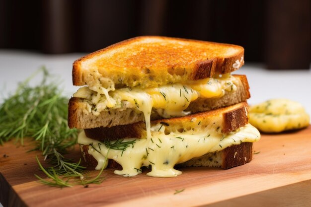 Close de um sanduíche de três queijos em uma tábua de madeira