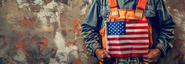 Close de um trabalhador da construção segurando uma bandeira americana