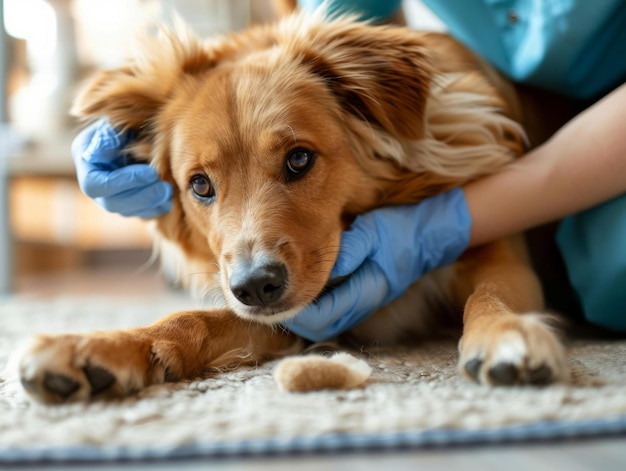 Close de um veterinário examinando um cão
