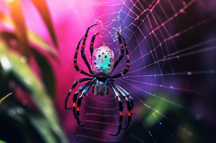 Foto close de uma aranha colorida em uma web com vegetação no efeito embaçado e bokeh