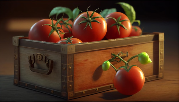 Close de uma caixa de tomates maduros de videira fresca imagem gerada por Ai