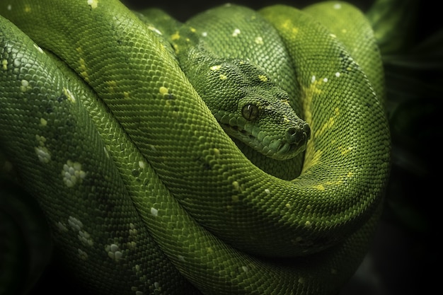 Close de uma cobra-árvore verde fofa